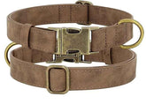 Brown leather dog collar with adjustable buckle, stylish and durable for pets of all sizes.